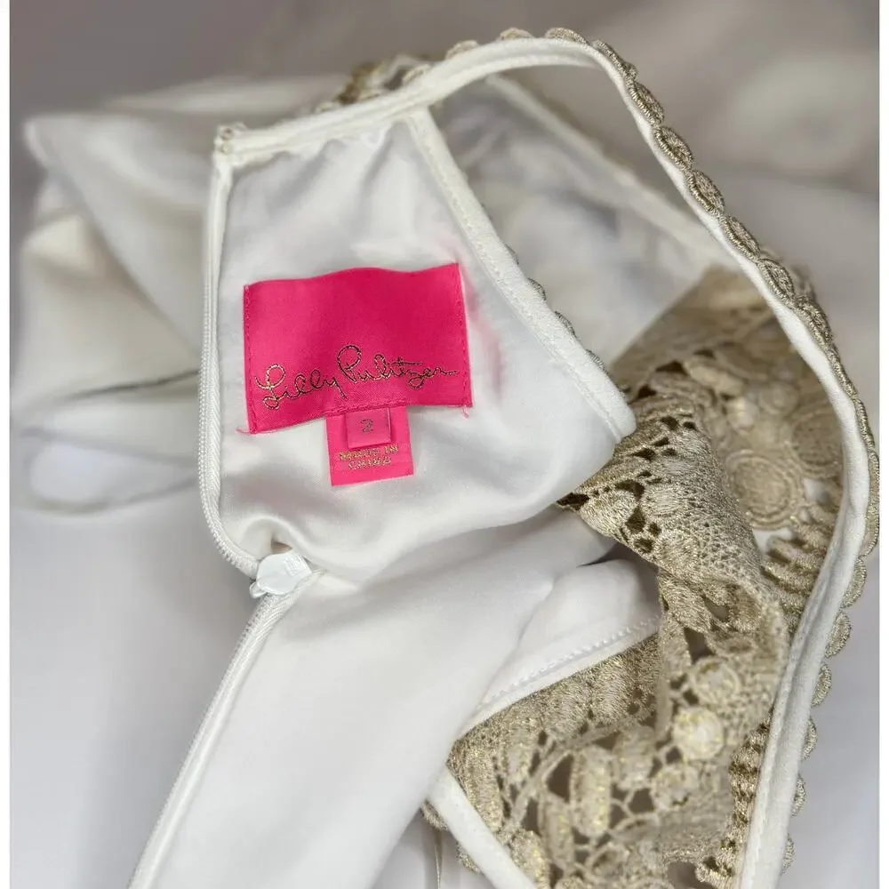 LILLY PULITZER Sz 2 Pearl White Gold Romper Side Ties Resort Wear Brunch | EUC